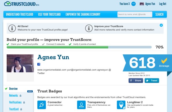 신뢰카드(http://trustcard.com)는 개인의 소셜네트워크 활동을 기반으로 신뢰점수를 산정하는 서비스이다.