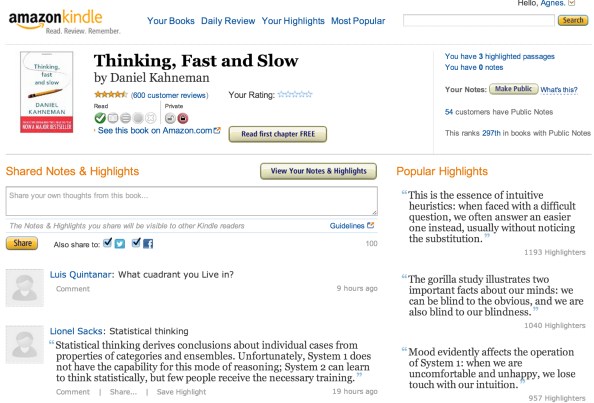 공개된 노트와 밑줄을 책에대한 평가와 함께 볼 수 있는 Kindle 사이트