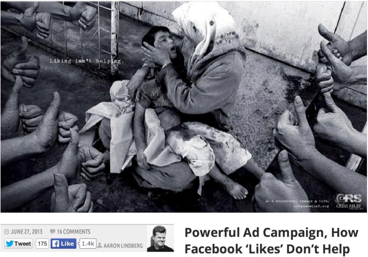 페이스북의 '좋아요'은 아무리 눌러도 실제로 기아 난민을 돕는데 도움이 되지 않는다는 광고 캠페인(Publicis Singapore)