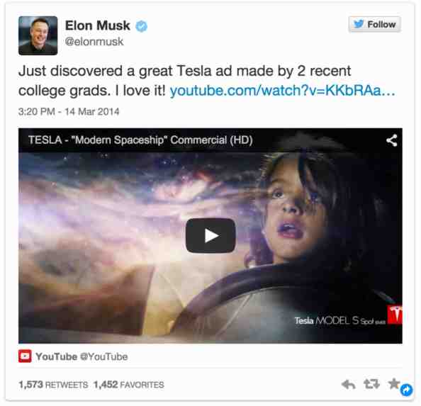 테슬라의 창업자 엘론머스크에게 바치는 광고. 이제 막 광고회사를 차린 새내기 프로듀서 2명이 공짜로 직접 제작했다.