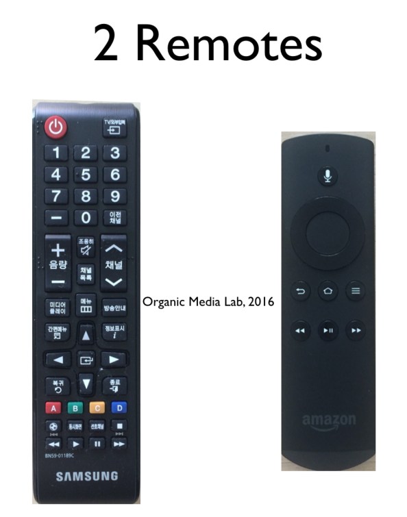 어머니 집에 있는 TV 리모콘(+케이블 TV 리모콘도 함께 사용)과 아마존 TV 리모콘.
